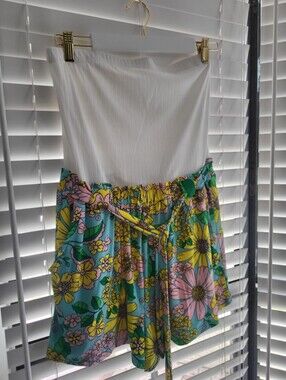 NWOT. Floral Print Romper with Tie Waist - White & Multicolor